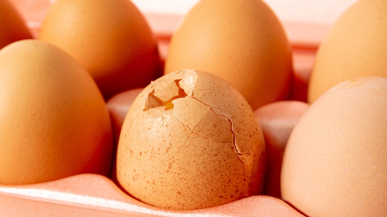 Cracked egg in a carton