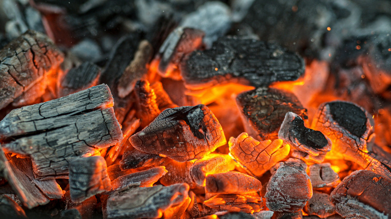 Hot and glowing charcoal briquettes