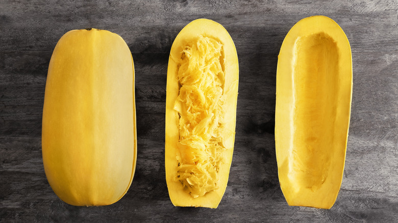 Whole and cut spaghetti squash