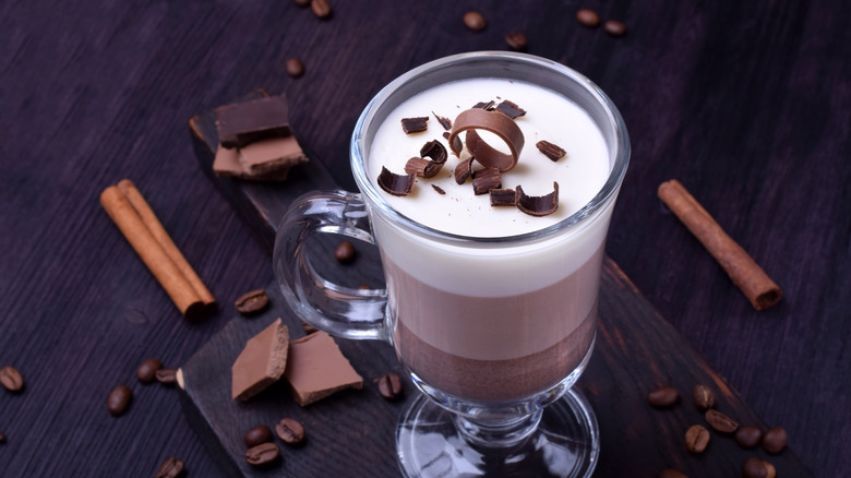 Irish coffee with chocolate shaving garnish