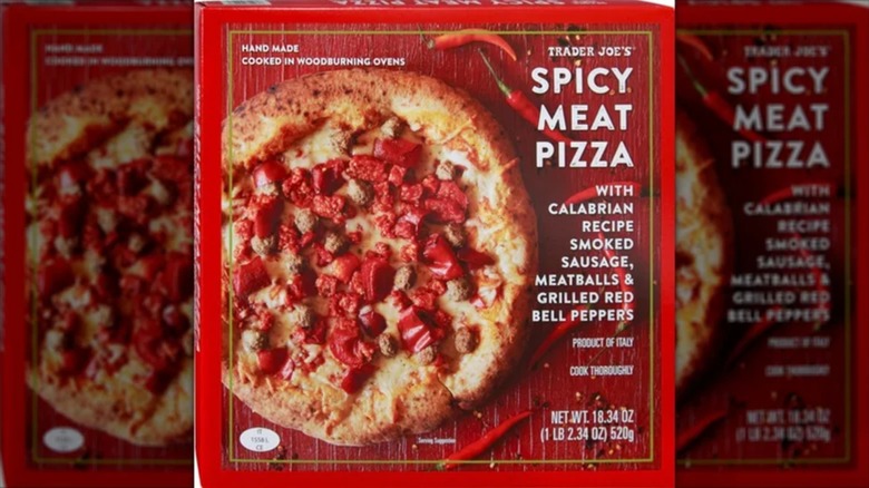 Box of Trader Joe's Spicy Meat Pizza