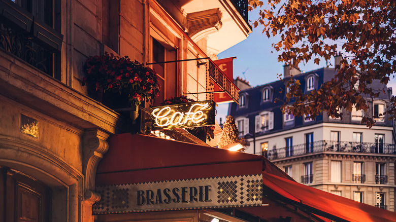 Red restaurant awning in Paris