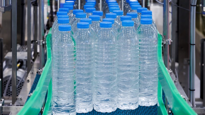 Bottles of mineral water in a factory