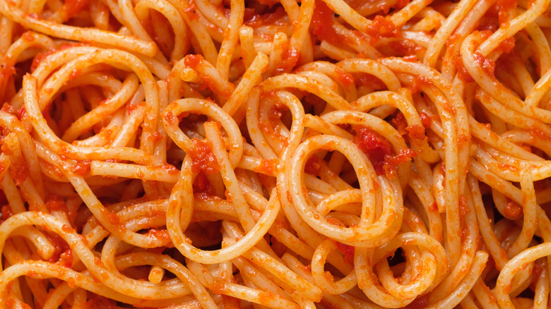 Up-close spaghetti with red sauce