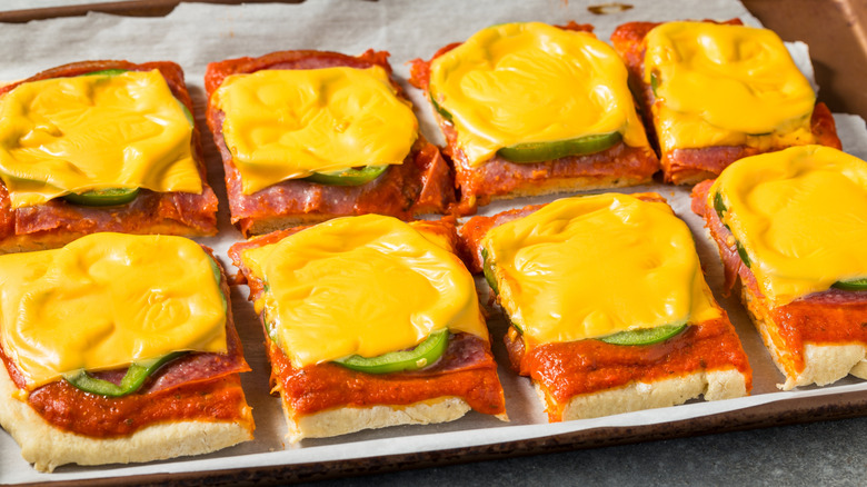 Altoona-style pizza on baking tray with parchment paper