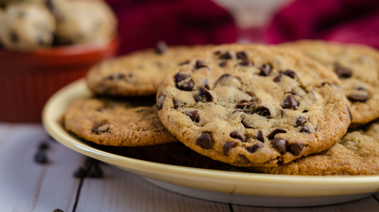 Chocolate chip cookies on white plate