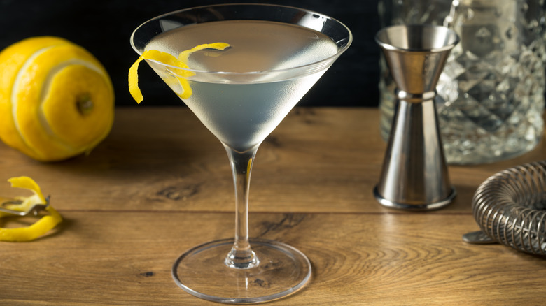 vesper martini with lemon peel garnish