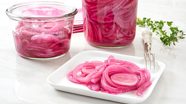 pickled red onions, jar, platter