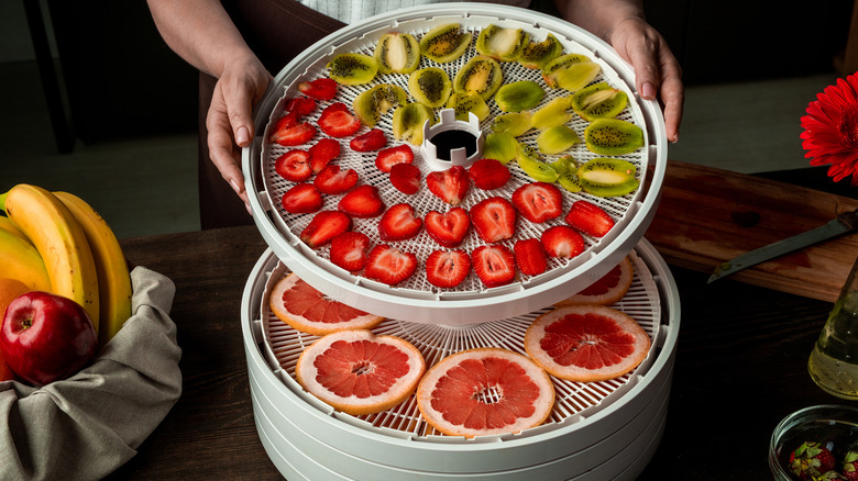 strawberries kiwi and grapefruit on a dehydrator trays