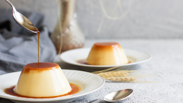 Caramel sauce over flan