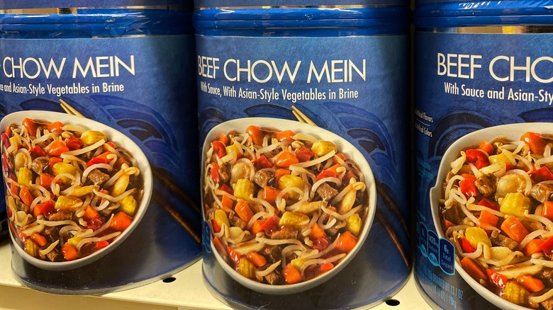 Beef chow mein cans on store shelf