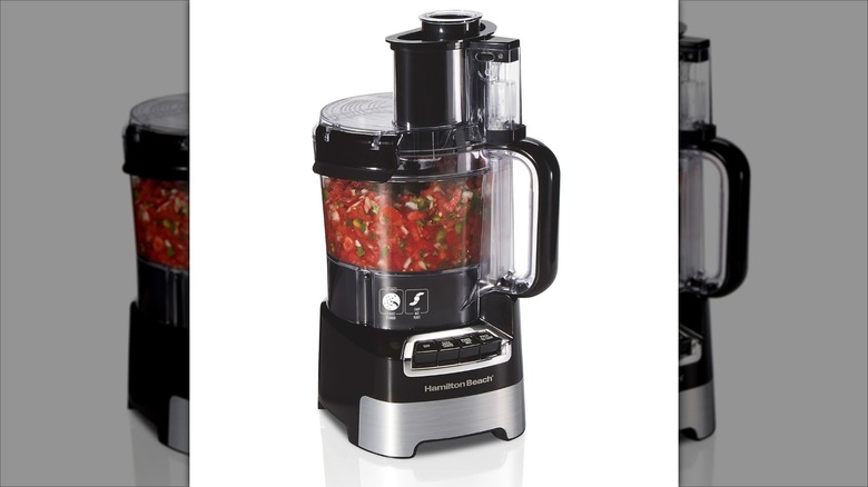 Hamilton Beach Stack & Snap Food Processor full of tomato salsa