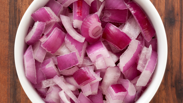 Diced Red Onion in white ramekin