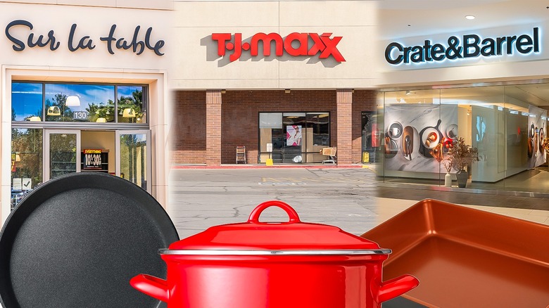 Composite image featuring Sur La Table, TJ Maxx, and Crate & Barrel storefronts above cookware items