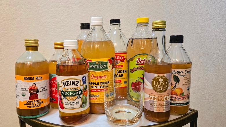 Various apple cider vinegars and glass