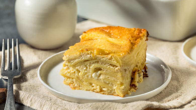 Slice of sweet noodle kugel