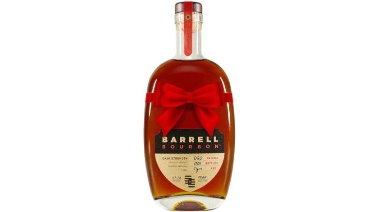 bourbon bottle with red bow