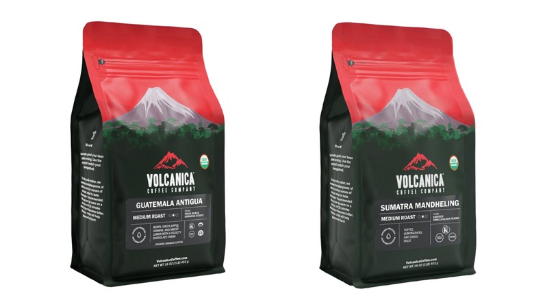 Split image of two Volcanica brand coffee bags; one Sumatra Mandheling and one Guatemalan Antigua