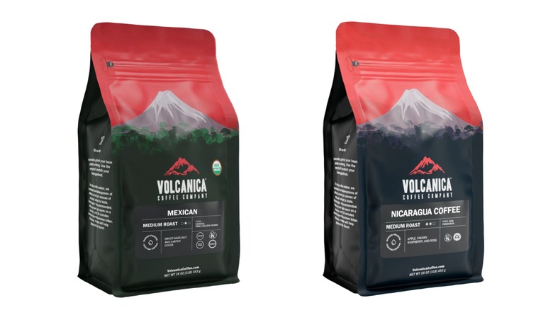 Split image of two Volcanica brand coffee bags; one Mexican and one Nicaraguan