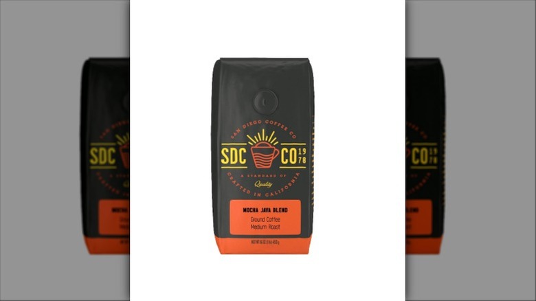 San Diego Coffee Company's Mocha Java blend in black and orange bag on white background