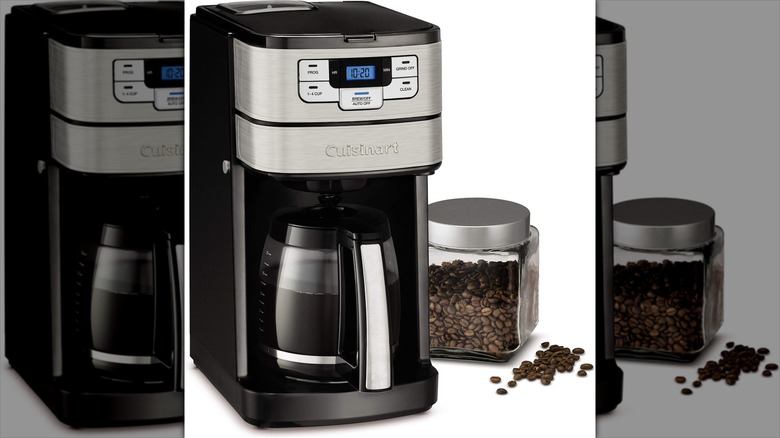 Cuisinart DGB-400 Automatic Grind and Brew 12-Cup Coffeemaker with coffee beans is on display.