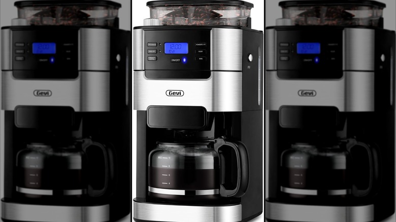 Gevi 10-Cup Drip Coffee Maker With Built-in Grinder is on display.