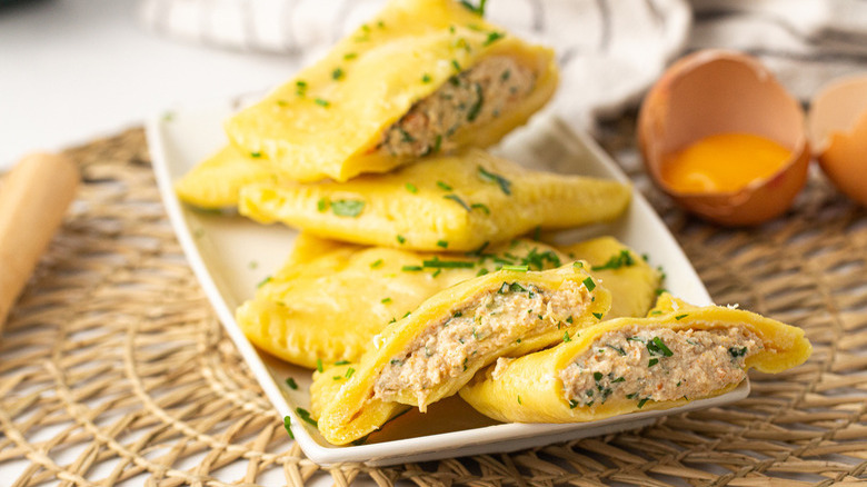 crab ravioli on platter