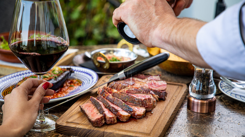steak with wine glass