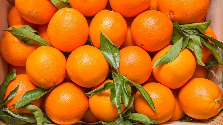 Pile of oranges with leaves