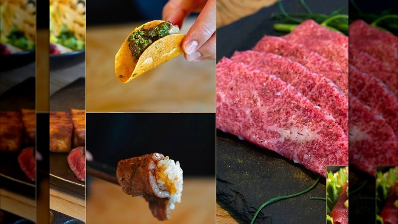 Composite of mini tacos, sushi, and meat from Niku X