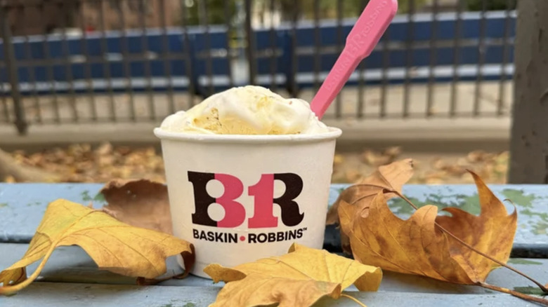 Cup of Brie My Guest ice cream with a BR cup and pink spoon sitting on a picnic table surrounded by leaves.