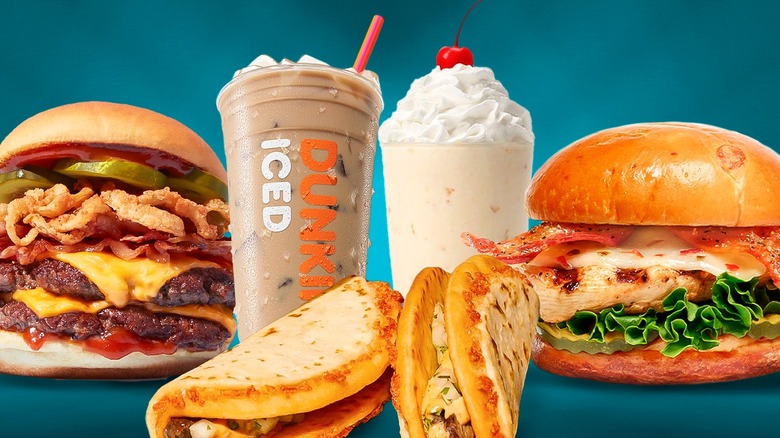 Collage of best fast food items of 2024, including (left to right) a Shake Shack Burger, Dunkin Dunkalatte, Taco Bell Chalupas, Chil-Fil-A shake, and Chick Fil-A chicken sandwich.