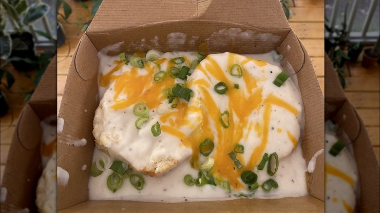 Biscuits and gravy in to-go box