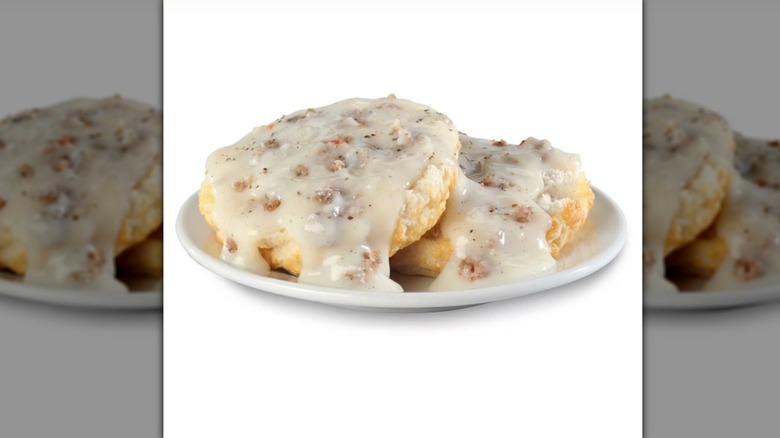 Biscuit and gravy on plate