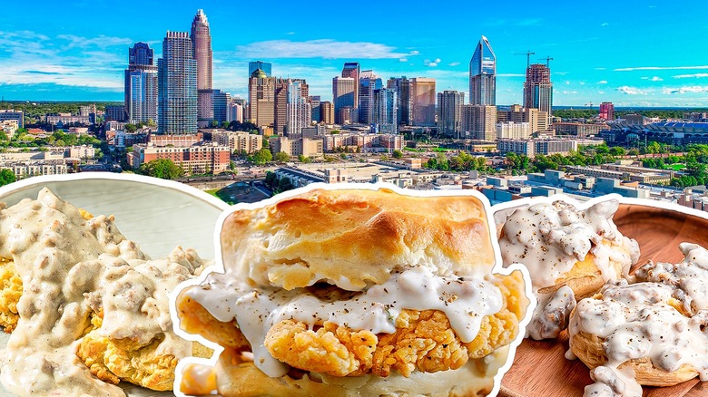 Charlotte skyline behind three images of biscuits and gravy