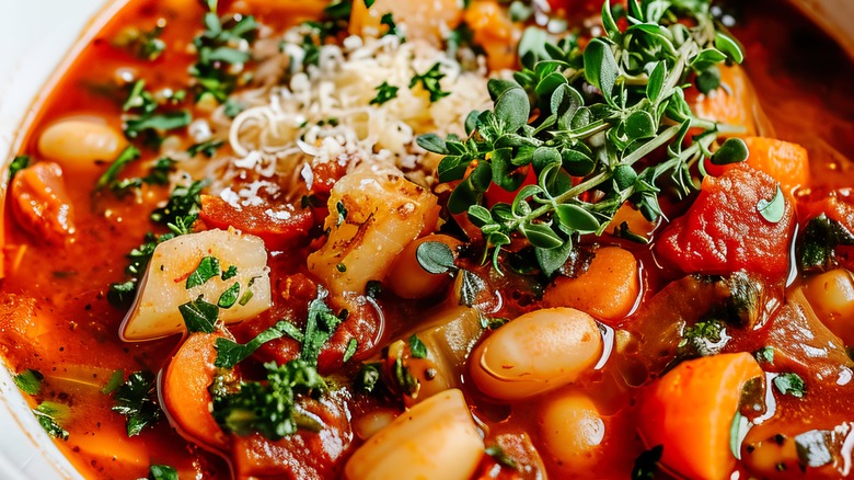 Close-up of minestrone soup