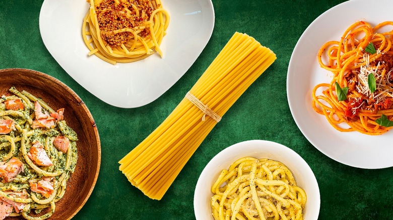 Assorted pasta dishes made with bucatini