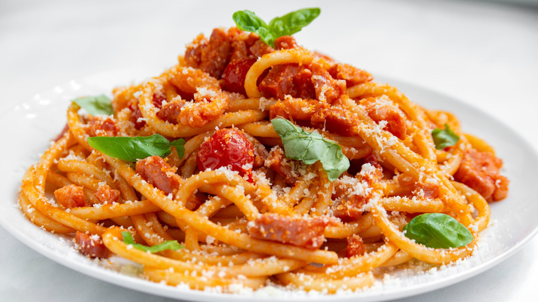 Closeup of delicious bucatini all'amatriciana, a traditional recipe of pasta with guanciale, tomato sauce, and pecorino