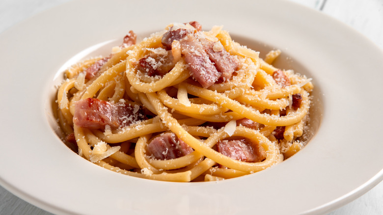 Closeup of delicious bucatini alla gricia, a typical recipe of pasta with guanciale, pecorino and black pepper