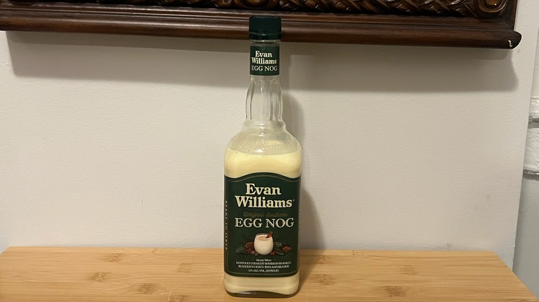 Evan Williams Original Southern Egg Nog bottle on table