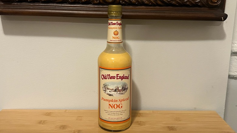 Old New England Pumpkin Spiced Nog bottle on table