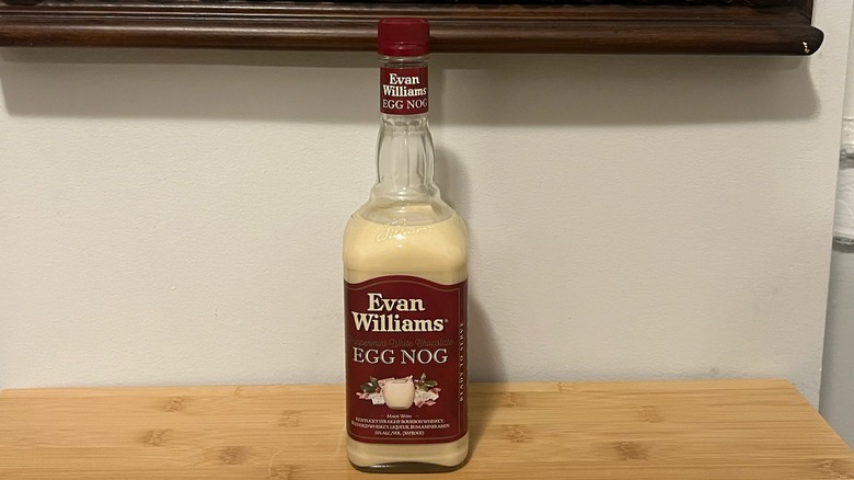 Evan Williams Peppermint White Chocolate Egg Nog bottle on table