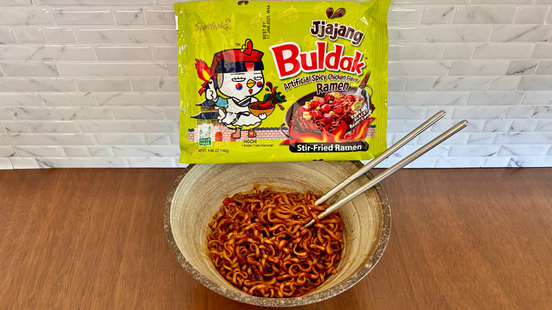 Buldak jjajang ramen in bowl