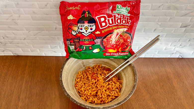 Buldak kimchi ramen in bowl