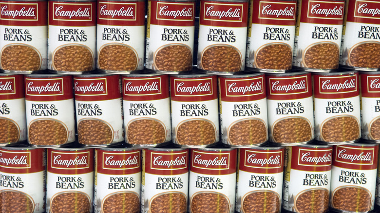 stacks of pork & beans cans