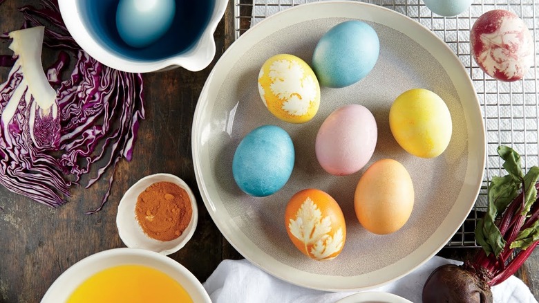 Aerial shot of naturally-dyed Easter eggs