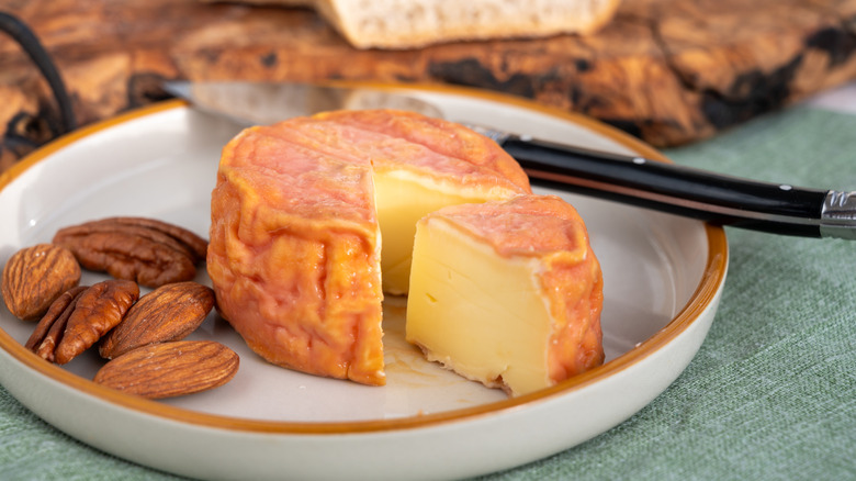 Rond des Vignes wash-rind cheese on a white plate served with nuts