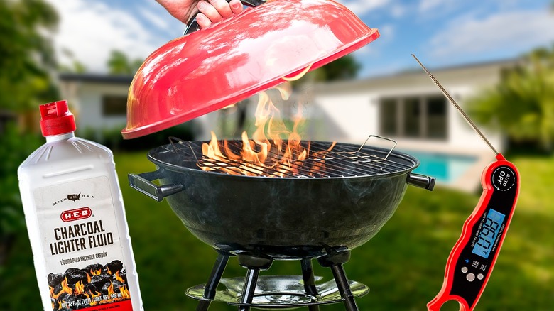 Lighter Fluid, a meat thermometer and a charcoal grill