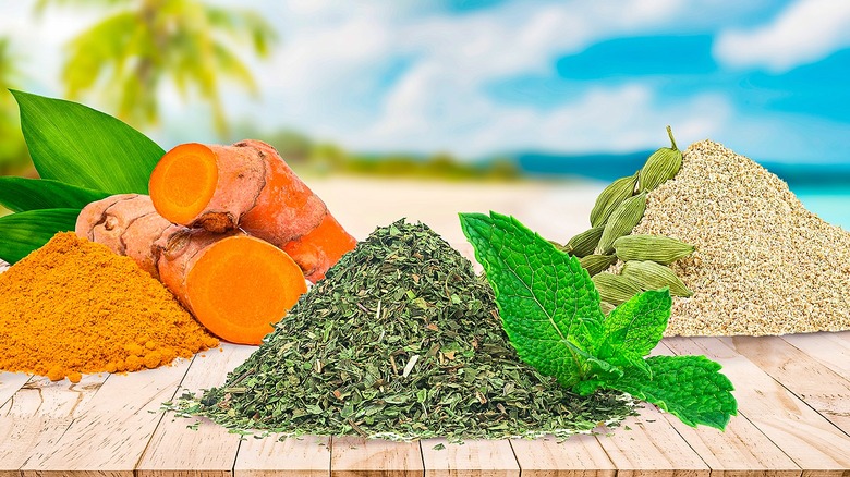spice piles tropical island background