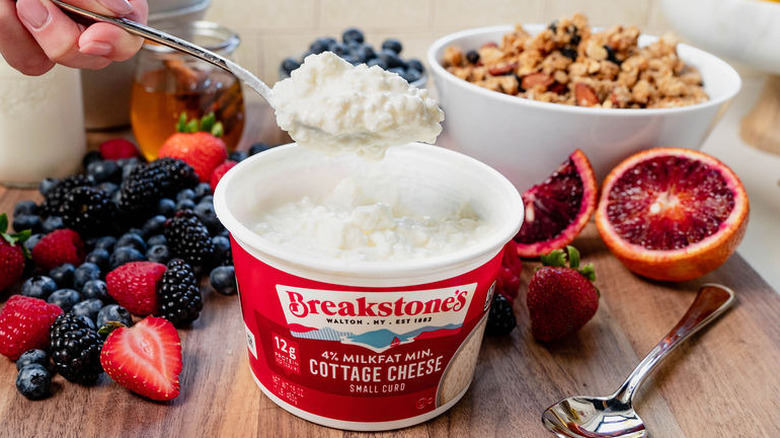 Spoon full of cottage cheese over open container of Breakstone's with fruit in background